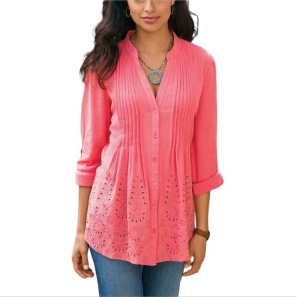 Soft Surroundings Pink Gauze Eyelet Embroidered Pintuck Tunic Top PXL Womens